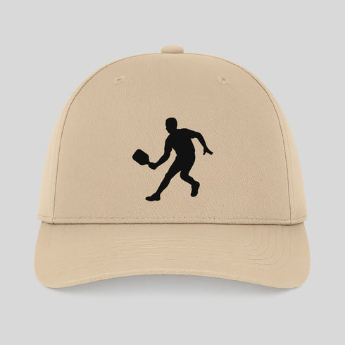 Beige cap with black silhouette of a person playing badminton on a light gray background